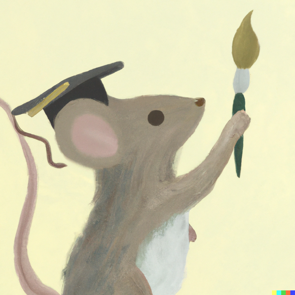 MFA mouse, digital art, painted by DALL-E, a painting in pastel colors of a mouse with a graduation cap on holding a paintbrush_.png