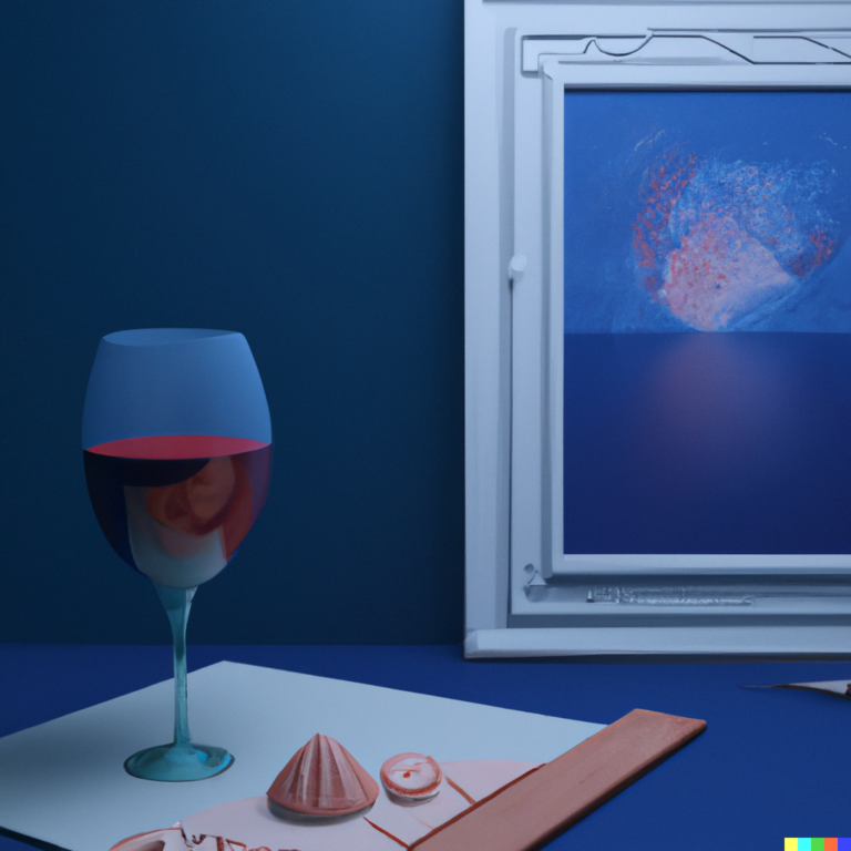 render-of-a-painting-and-a-wine-glass-on-a-dark-blue-background-digital-art