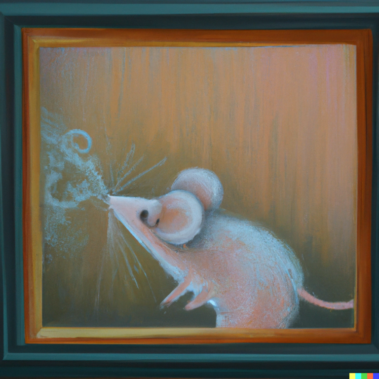 a mouse blowing on a painting to help it dry, digital art, painted by DALL·E 2023-06-10 09.29.45 - a painting in pastel colors of a mouse blowing on a framed artwork.png