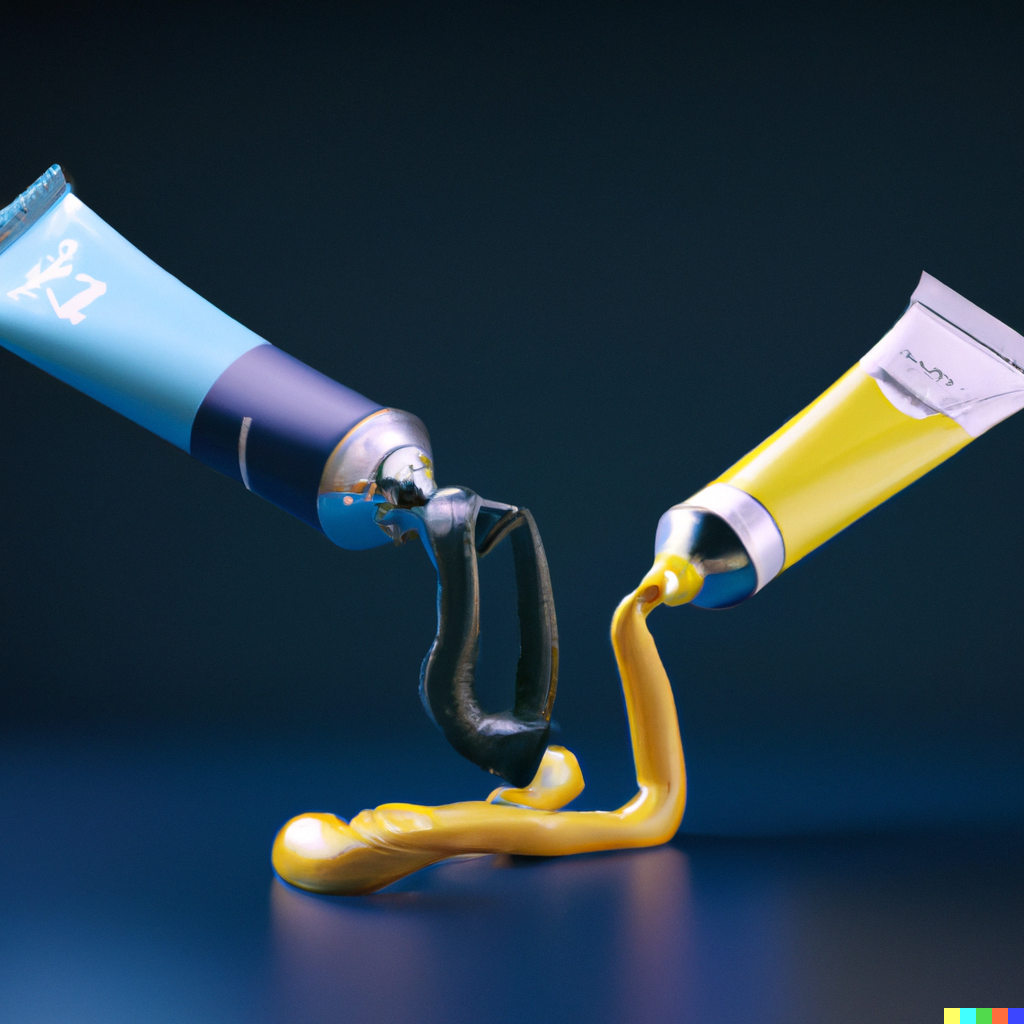 acrylic vs. oil paint, digital art, painted by DALL·E, 2023- 3D render of two paint tubes wrestling each ther in front of a dark blue background, digital art.png