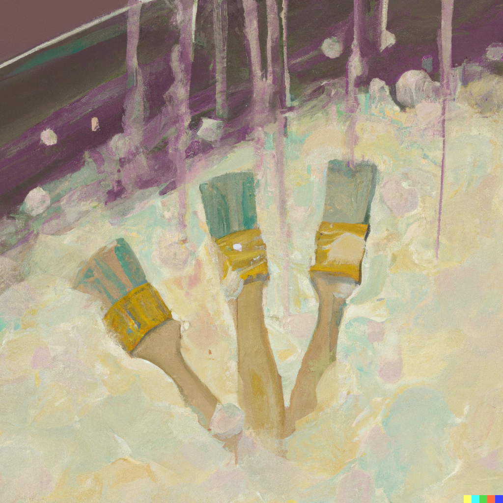 a painting of paint brushes in a bath tub with white bubbles and a purple background, a digital art painting by DALL·E 2023