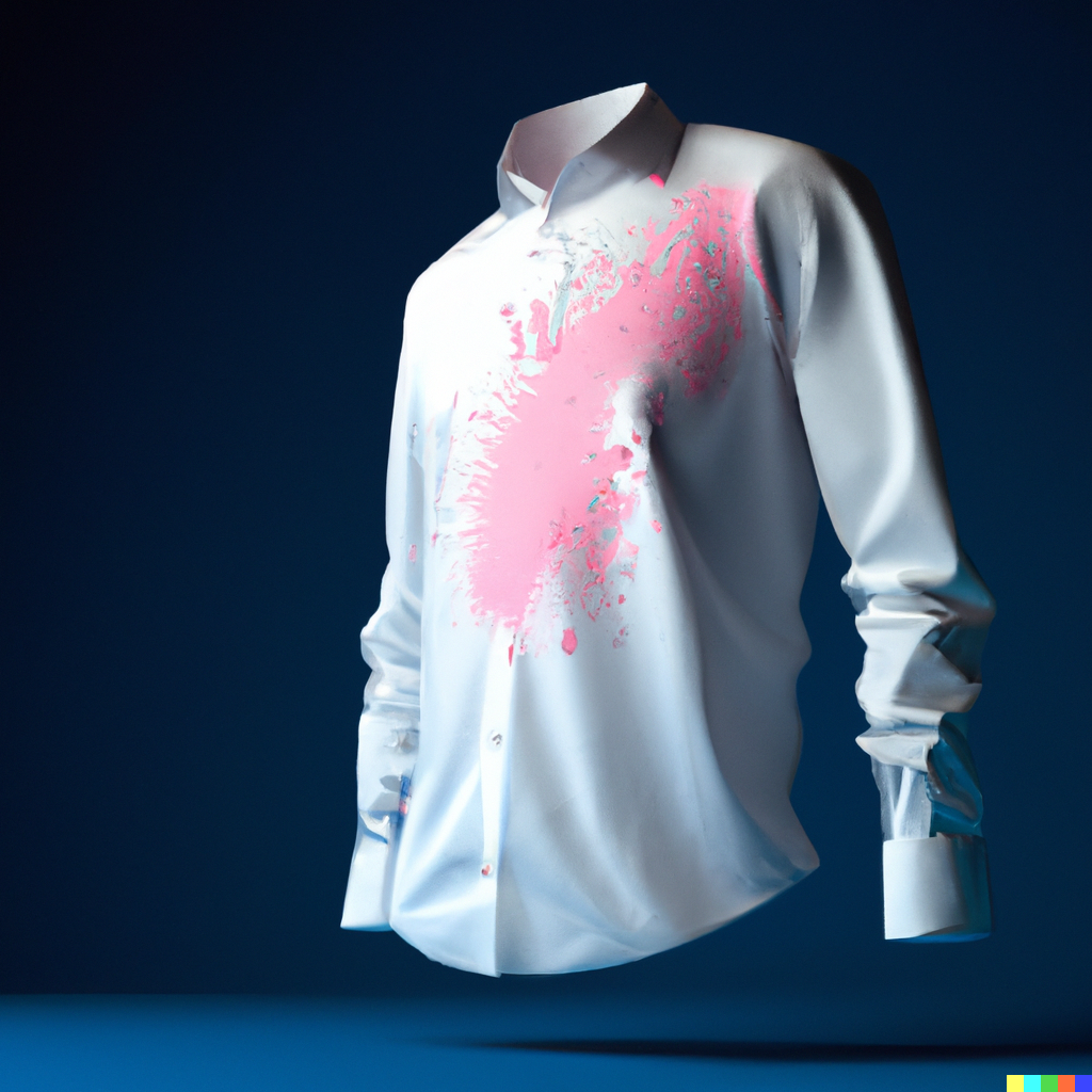 how to get oil paint out of clothes, digital art, painted by DALL·E, 2023- 3D render of a white shirt with a spot of pink paint on it in front of a dark blue background, digital art.png