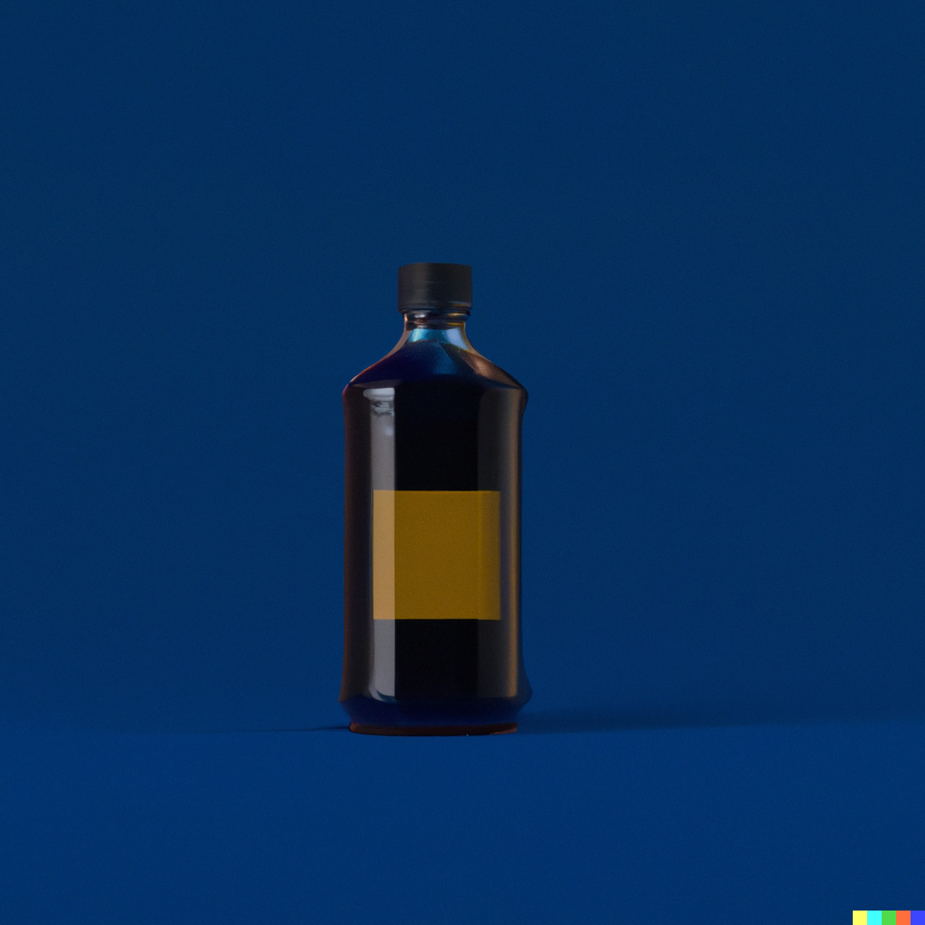 linseed oil bottle, digital art, painted by DALL·E, 2023- 3D render of an oil bottle in front of a dark blue background, digital art.png