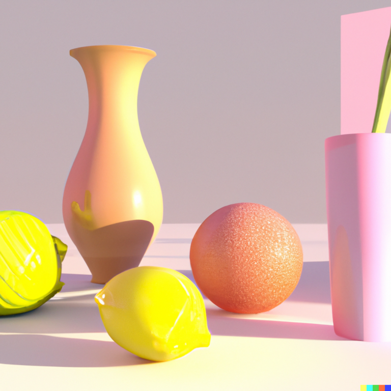 a rendering of a pastel colored still life with lemons and vases on a table with shadows