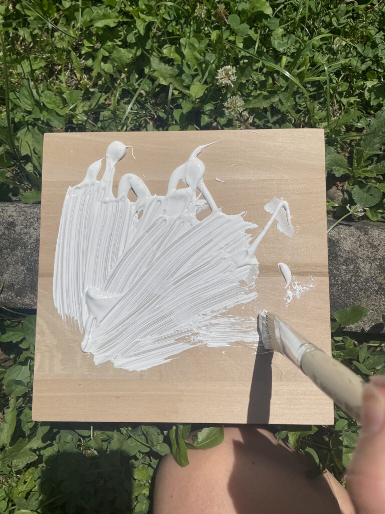 a paint brush brushing gesso on a wooden panel on grass