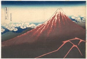 Mount Fuji projects majestically above the clouds. A lightning bolt shown against the shape of Fuji opens up a dialogue of oppositions: the enduring, static Mount Fuji is pitted against the transitory and fleeting nature of lightning. The solemn, towering mountain remains undisturbed by dangerous thunderstorms.