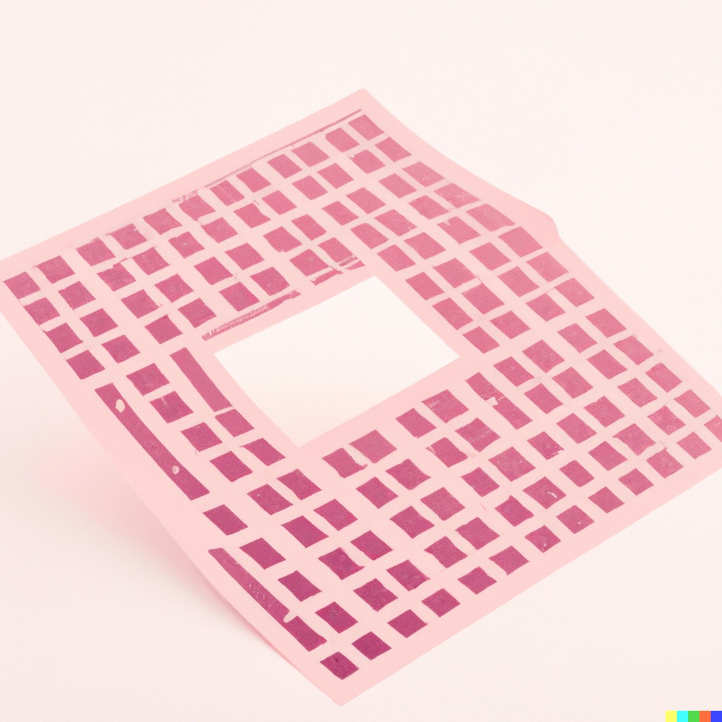 a 3D render of a riso print in pastel, which looks like a diagonally placed pink rectangle with reddish pink rectangular pattern across it floating on a light pink background
